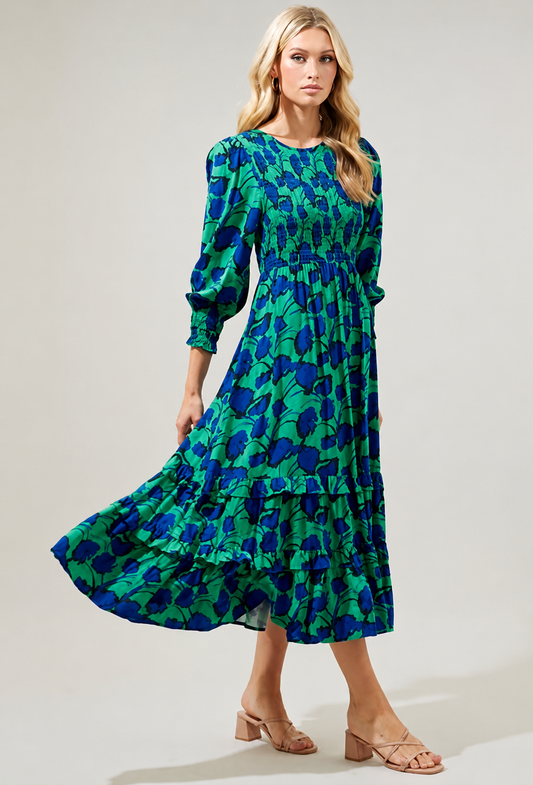 Blue & Green Floral Midi Dress