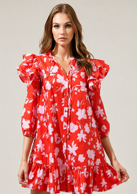 Coral Blossom Mini Dress