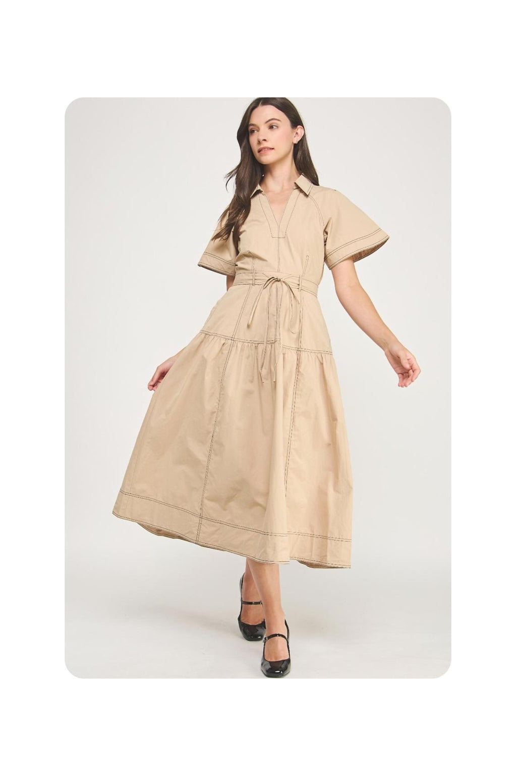 Beige Cotton Midi Dress