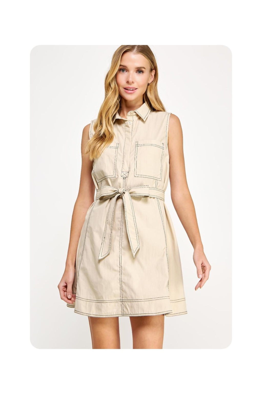 Beige Sleeveless Shirt Dress