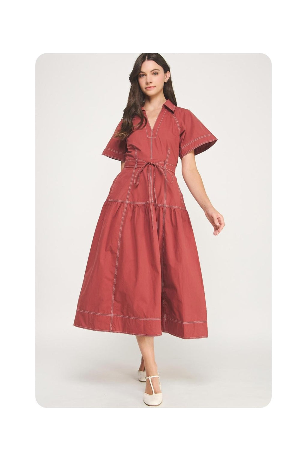 Rust Contrast Stitch Midi Dress