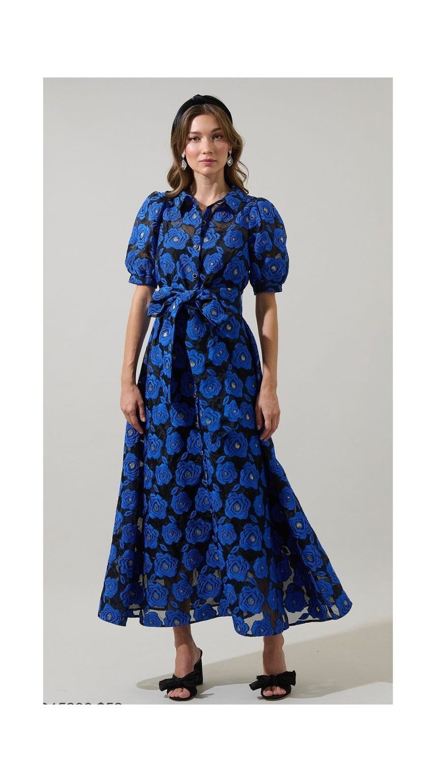 Blue Floral Shirt Maxi Dress